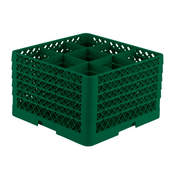 A green plastic Vollrath Traex glass rack with 9 compartments.