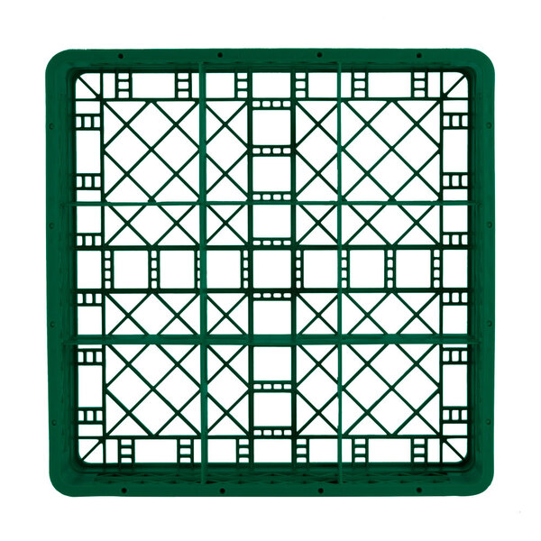A green plastic Vollrath Traex glass rack with black compartments.