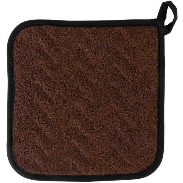 A brown pot holder with black trim.