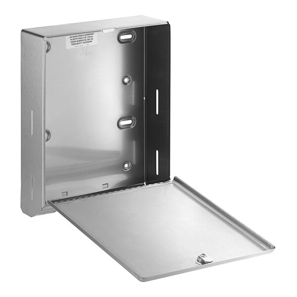 A metal Bobrick surface-mounted paper towel dispenser with a lid open.