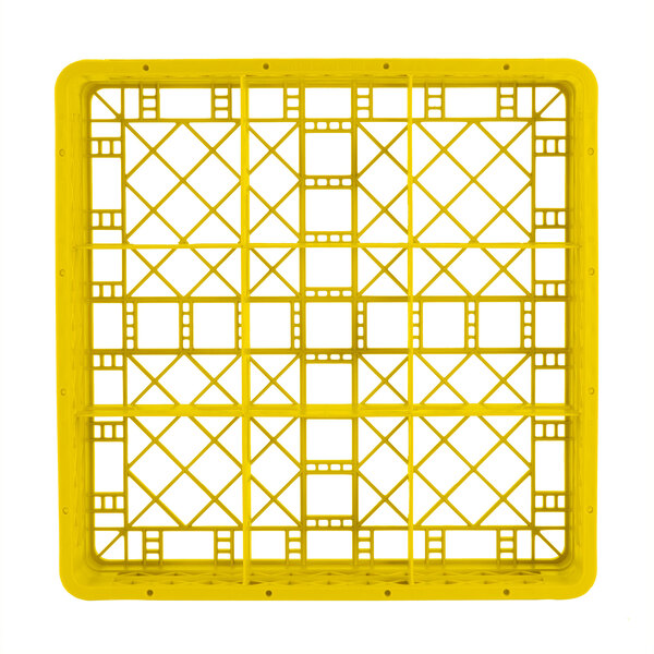 A yellow plastic Vollrath Traex glass rack with a grid pattern.