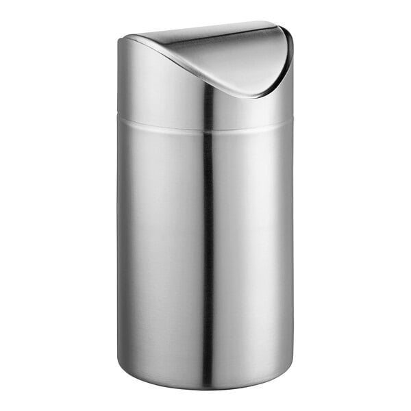 An American Metalcraft stainless steel round swing waste bin with a lid.