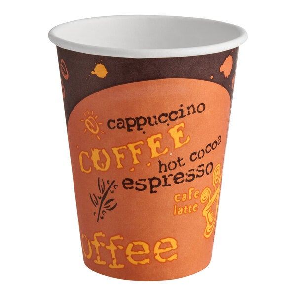 A 12 oz. paper hot cup with a coffee-themed print design.