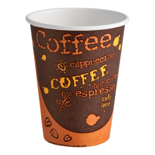 A 12 oz. disposable paper hot cup with a coffee-themed print.