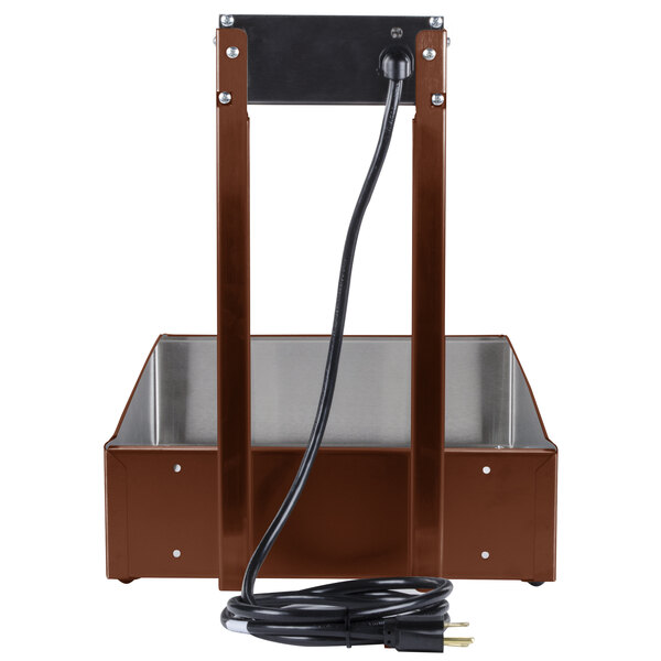 A brown metal Hatco portable French fry warmer with a black wire.