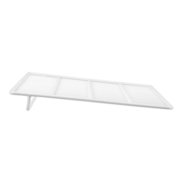 A white coated wire shelf with support legs, measuring 27 1/4 inches by 17 inches.