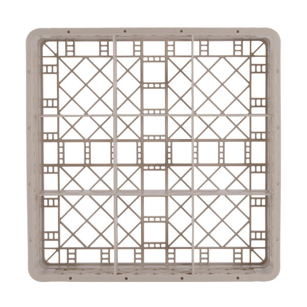 A white rectangular plastic shelf with square holes.