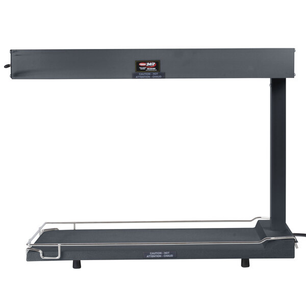 A gray Hatco heated shelf with a handle over a black metal shelf.