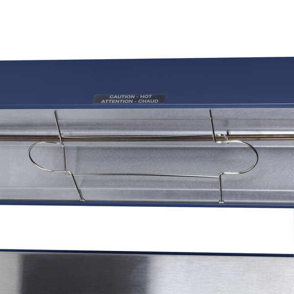 A Hatco stainless steel portable French fry warmer with a blue metal tube.