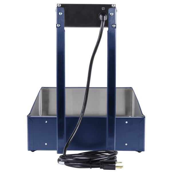 A blue metal Hatco portable fry warmer with a black cord.