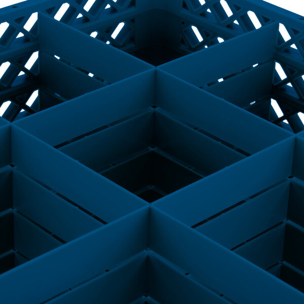 A Vollrath blue plastic glass rack with 9 compartments.