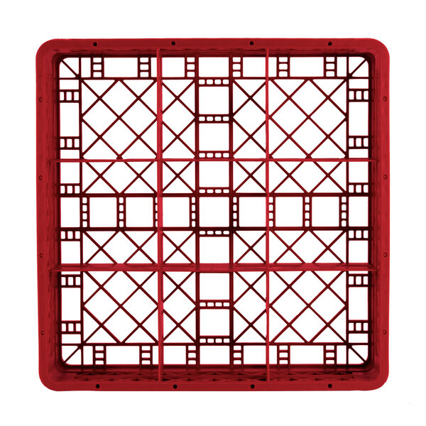 A red plastic Vollrath Traex glass rack with 9 compartments.