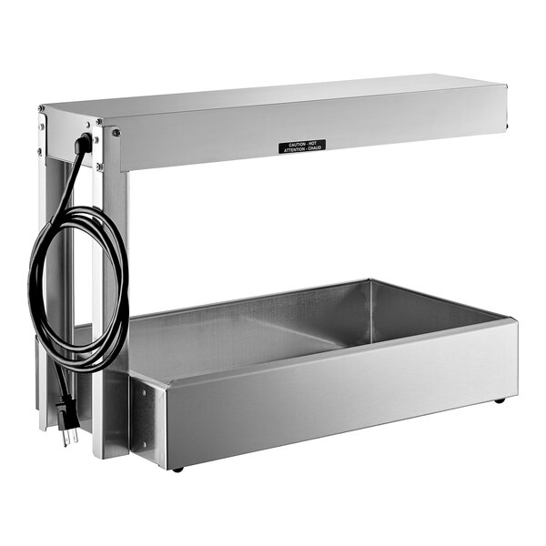 A stainless steel rectangular box with wires inside.