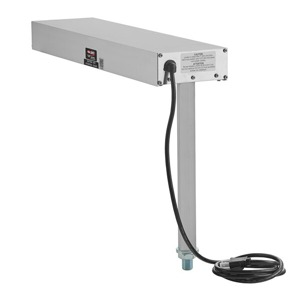 A stainless steel overhead warmer with a power cord, designed for use in fry stations.