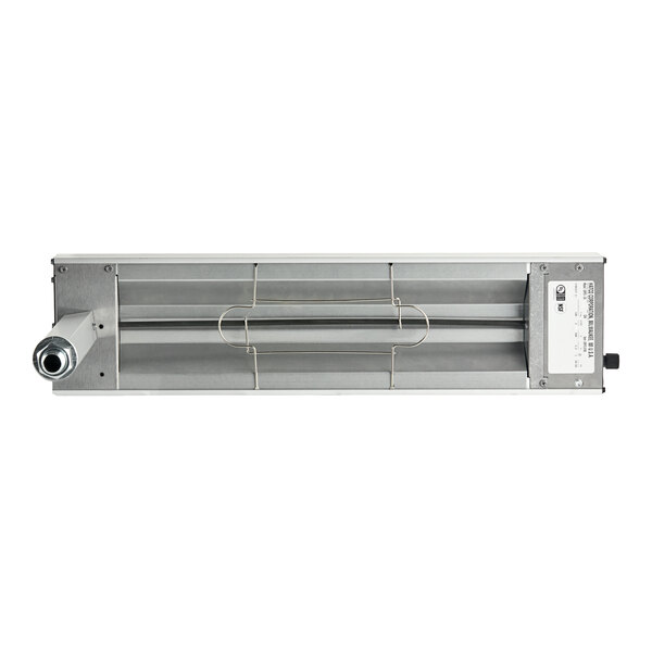 A stainless steel overhead food warmer with a metal heating element and control panel, designed for use in fry stations.
