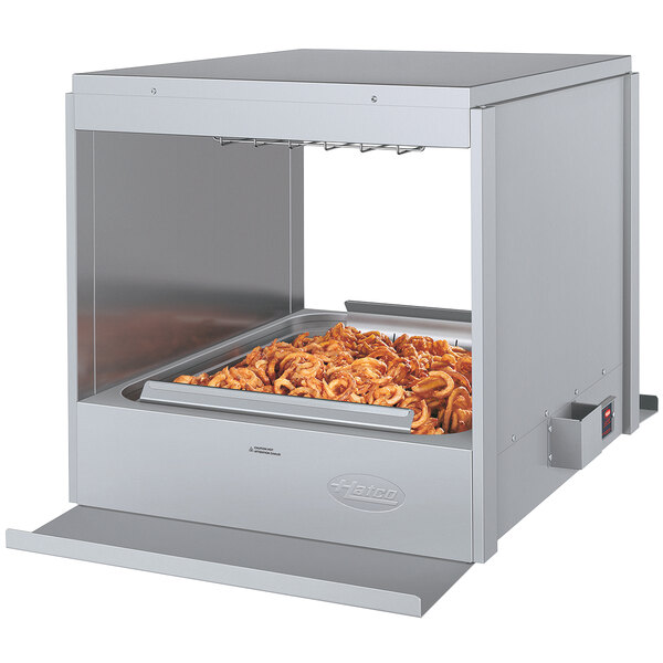 A Hatco Glo-Ray portable fry holding station with food inside.