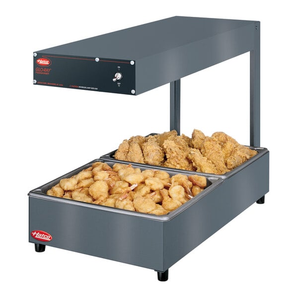 A Hatco Glo-Ray portable food warmer holding a large tray of food.