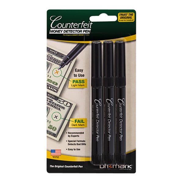A pack of three Dri Mark counterfeit detector pens used to check the authenticity of paper currency.