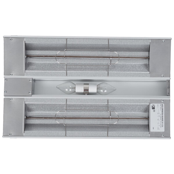 A Hatco dual strip warmer with two bulbs in a metal fixture.