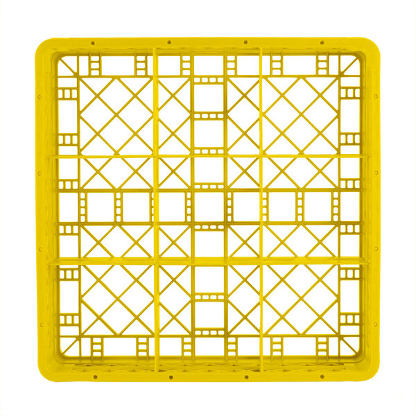 A yellow plastic Vollrath Traex glass rack with square compartments.