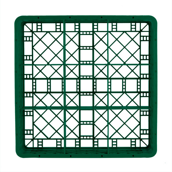 A green plastic Vollrath Traex glass rack with black holes in a grid pattern.