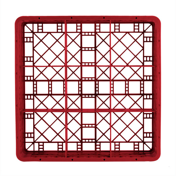 A red plastic Vollrath Traex glass rack with 9 compartments and a grid pattern.
