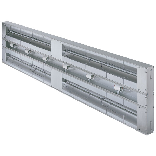 A long rectangular light fixture with metal bars and a metal rack inside.