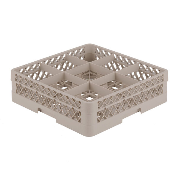 A beige Vollrath Traex glass rack with nine compartments.
