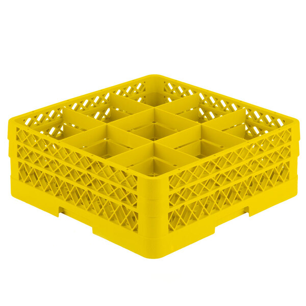 A yellow Vollrath plastic rack with six compartments.