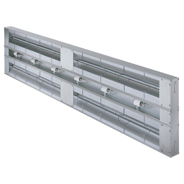 A long metal rectangular Hatco strip warmer with a light.