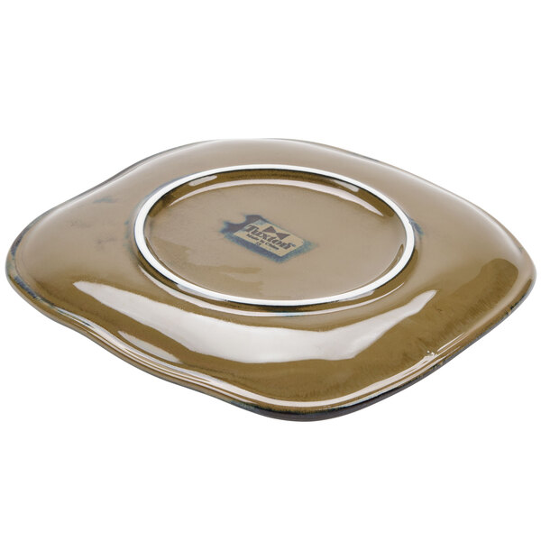 A brown Tuxton Artisan china plate with a silver rim.