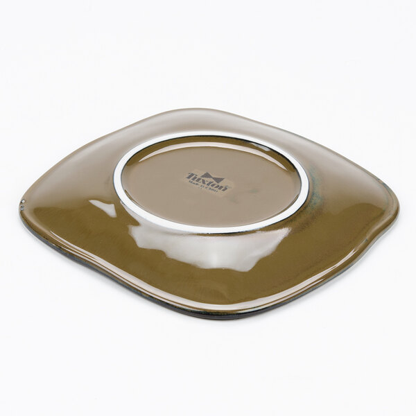 A square brown Tuxton Artisan China plate with a silver rim.