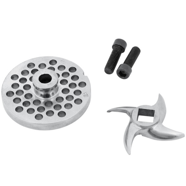 A stainless steel blade and screw set for a Globe CM12 Chefmate #12 meat grinder.