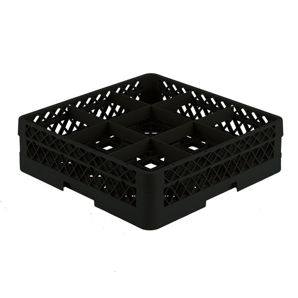 A black plastic Vollrath Traex glass rack with 9 compartments.