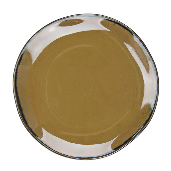 A brown plate with a white rim.