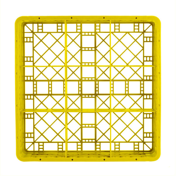 A yellow plastic Vollrath Traex glass rack with square compartments.