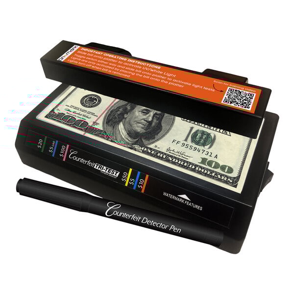 A black Dri Mark Tri-Test UV counterfeit detection system with a $100 bill and a counterfeit detector pen.