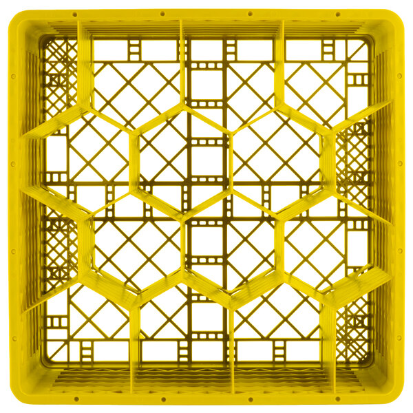 A yellow plastic Vollrath Traex glass rack with compartments and an open rack extender.