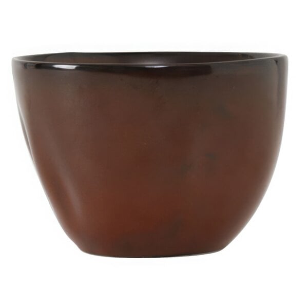 A brown bowl with a black rim.