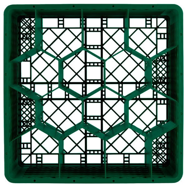 A green plastic Vollrath Traex glass rack with 12 compartments and a grid pattern.