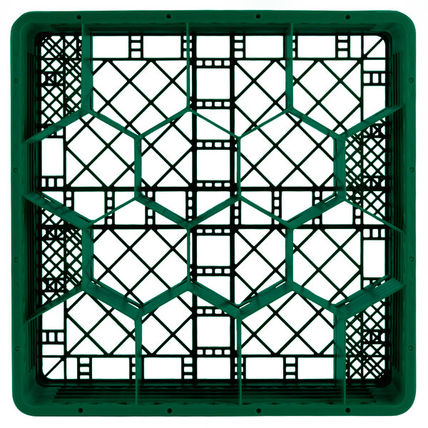 A Vollrath green plastic glass rack with 12 compartments and an open rack extender on top.