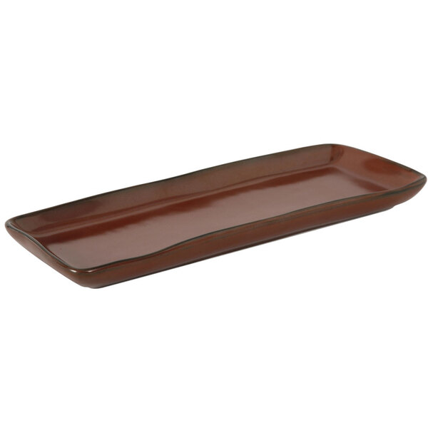 A rectangular brown china tray with black accents on the rim and handles.