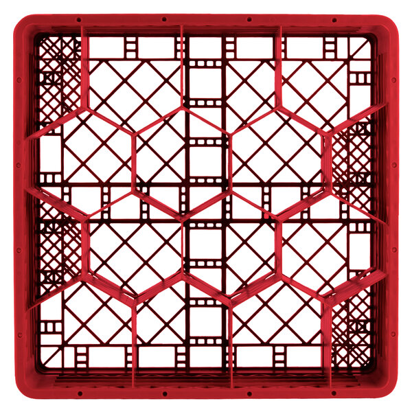 A red plastic Vollrath Traex rack with 12 hexagon-shaped compartments.