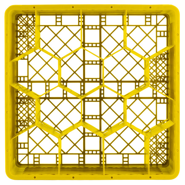 A yellow Vollrath Traex glass rack with 12 compartments and an open rack extender on top.