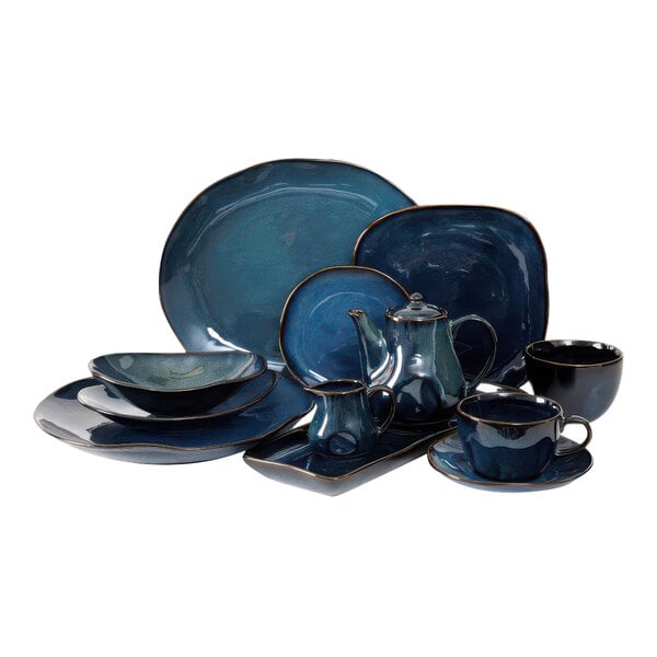 A close-up of a black bowl with a blue interior.