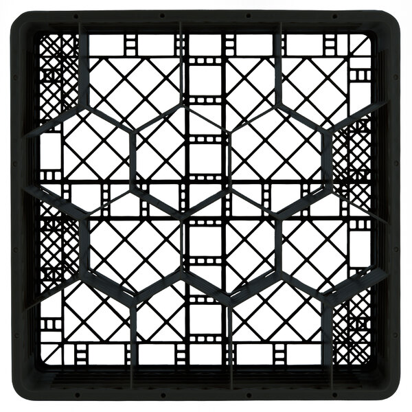 A black Vollrath Traex glass rack with a grid pattern.