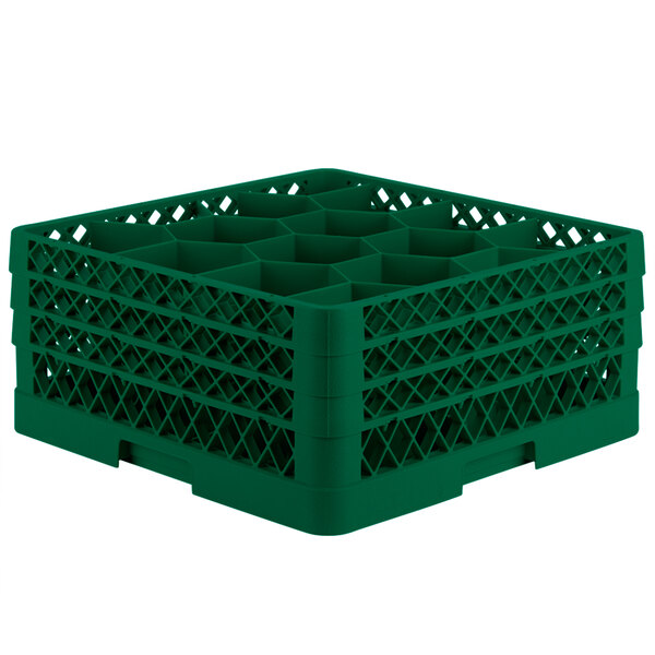 A green Vollrath Traex glass rack with 12 compartments.