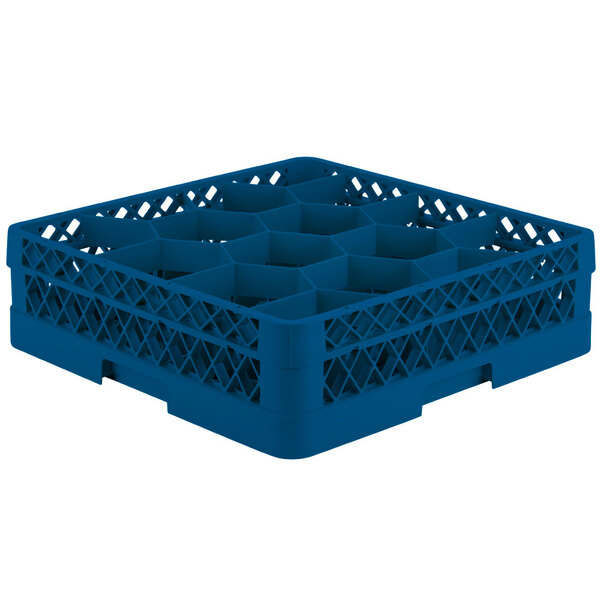 A Vollrath Traex blue plastic glass rack with 12 compartments.