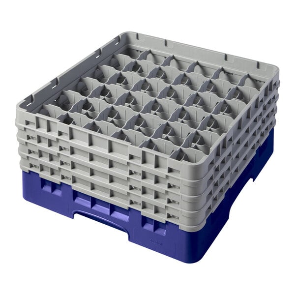 A navy blue plastic Cambro glass rack with gray dividers.