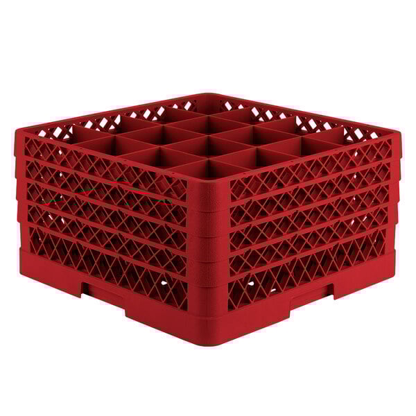 A red plastic Vollrath Traex glass rack with 16 compartments.